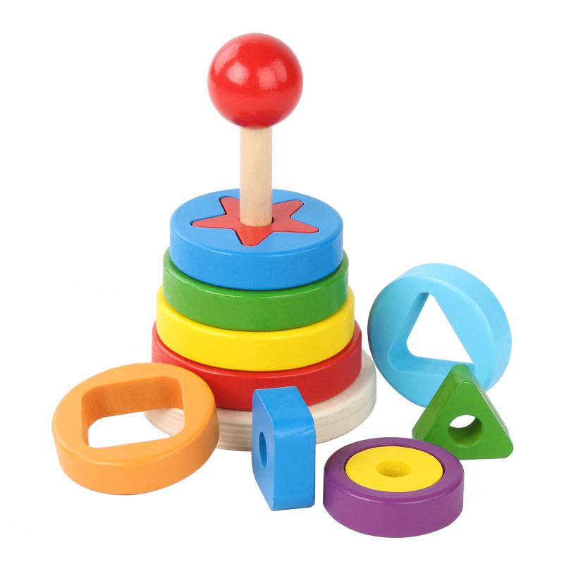 Wooden Children's Educational Hannota Rainbow Stack Music Ring Matching Building Block Color Cognitive Toy