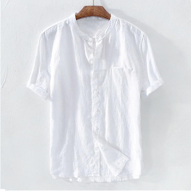 

Men s Korean-Style Short-Sleeve Stand Collar Shirt | Solid Color Open-Front Casual Top M білий