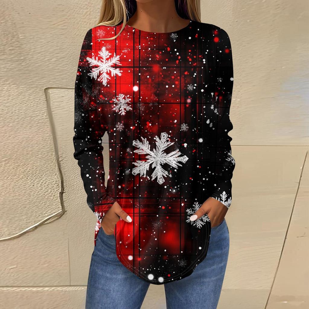 3D Gradient Color Christmas Tree Print Round Neck Long-sleeved T-shirt Casual Long-sleeved Top