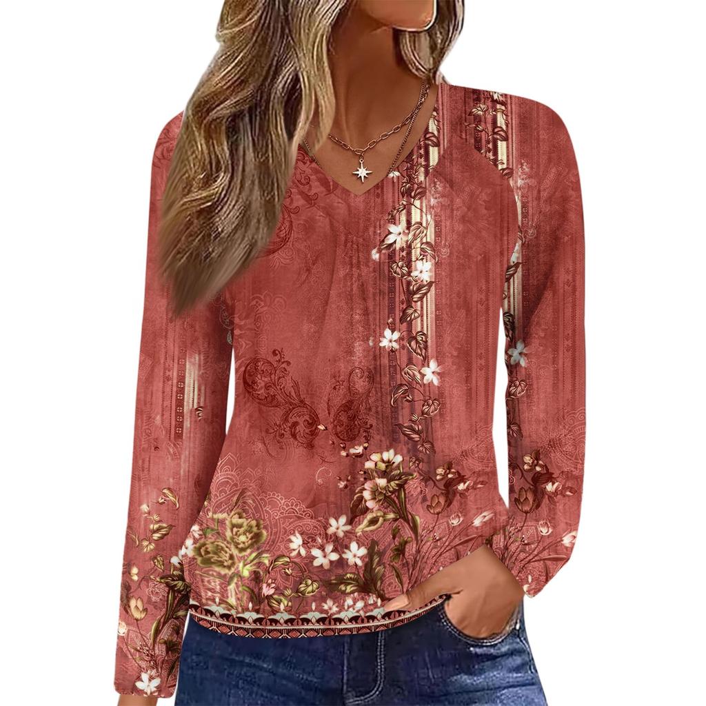 Women's Casual Fashion V-Neck Raglan Pleated Floral Print Long Sleeve Top