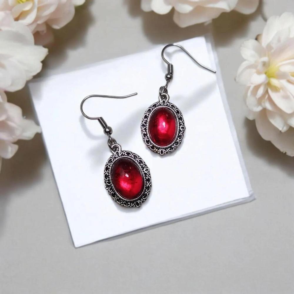 Temperament Gothic Geometric Oval Lacework Deep Red Glass Crystal Dangle Earrings for Women Halloween Charm Retro Jewelry Gifts
