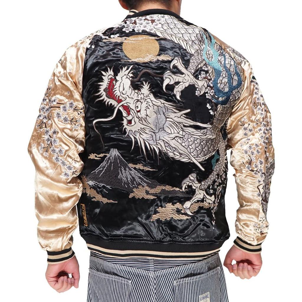 Karakuridamashii Japanese Pattern Sukajan Jacket for Fully Souvenir Dragon God Black Gold XXL Men, Embroidered, Reversible, Jacket, Stylish, Design,