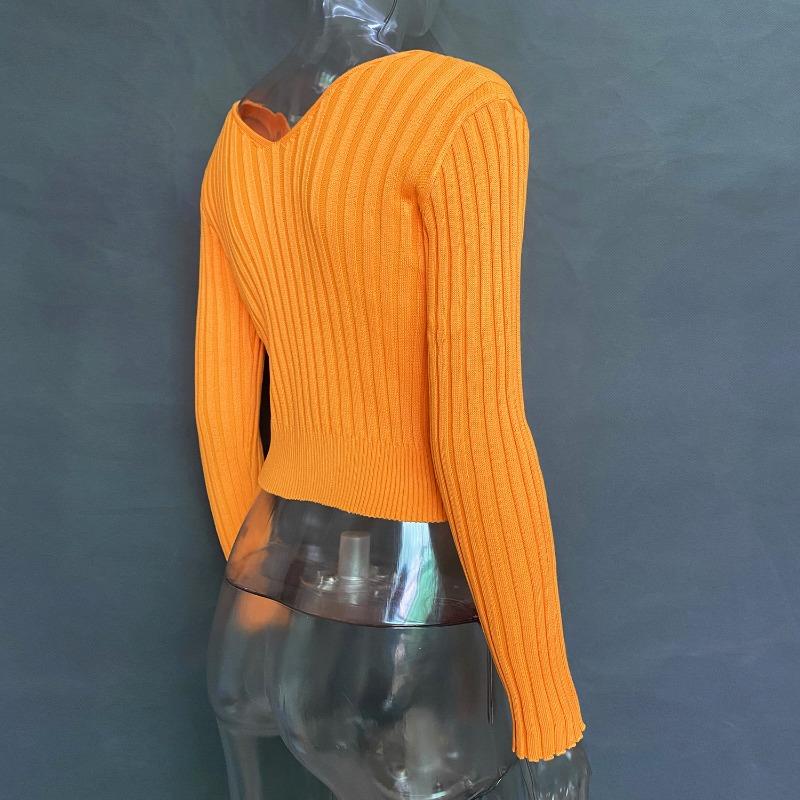 Pulover tricotat tricotat cu mânecă lungă, sexy, de toamnă și iarnă, cu etichetă aurie în V adânc