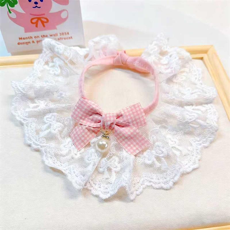 

Pearl Plaid Pet Bandana with Lace Trim - Cute Princess Style Bib for Cats and Dogs Medium