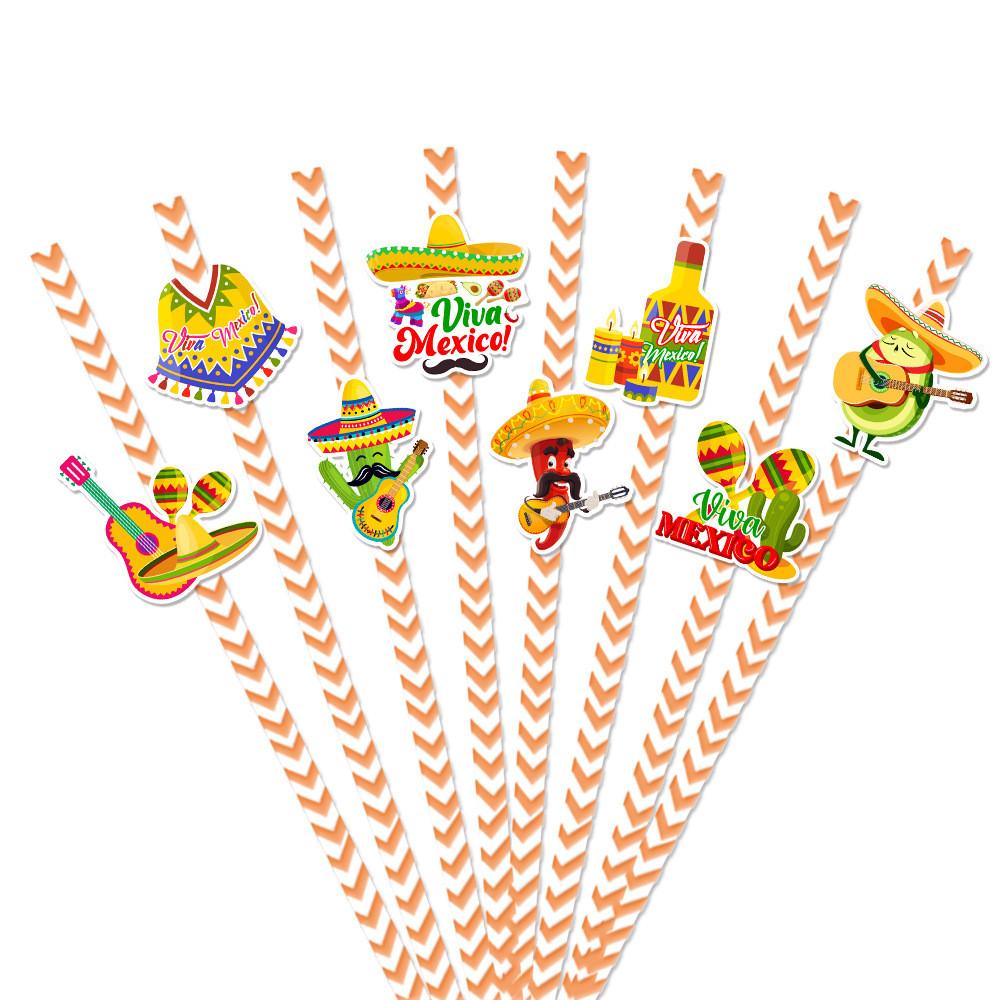 Theme Mexican Disposable Paper Straws With Cartoon Decor For Childrens Party