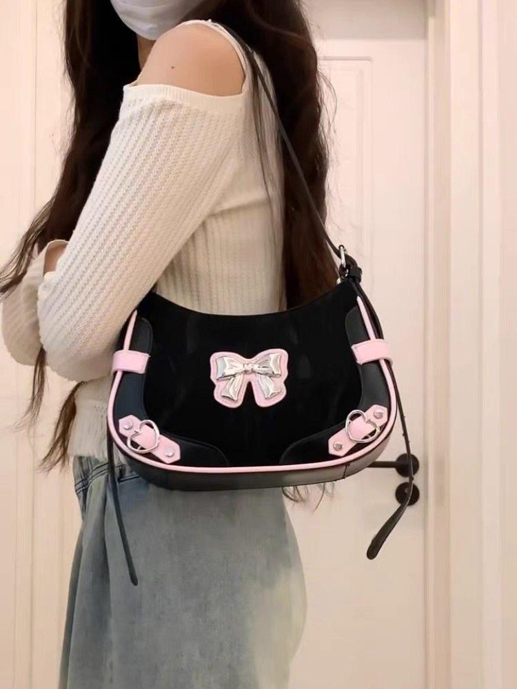 JIAERDI Sweet Cool Black Y2k Shoulder Bags Purse Women Hot Girls Bow Chic Cute Handbag Female Fairycore Underarm Bag Aesthetic