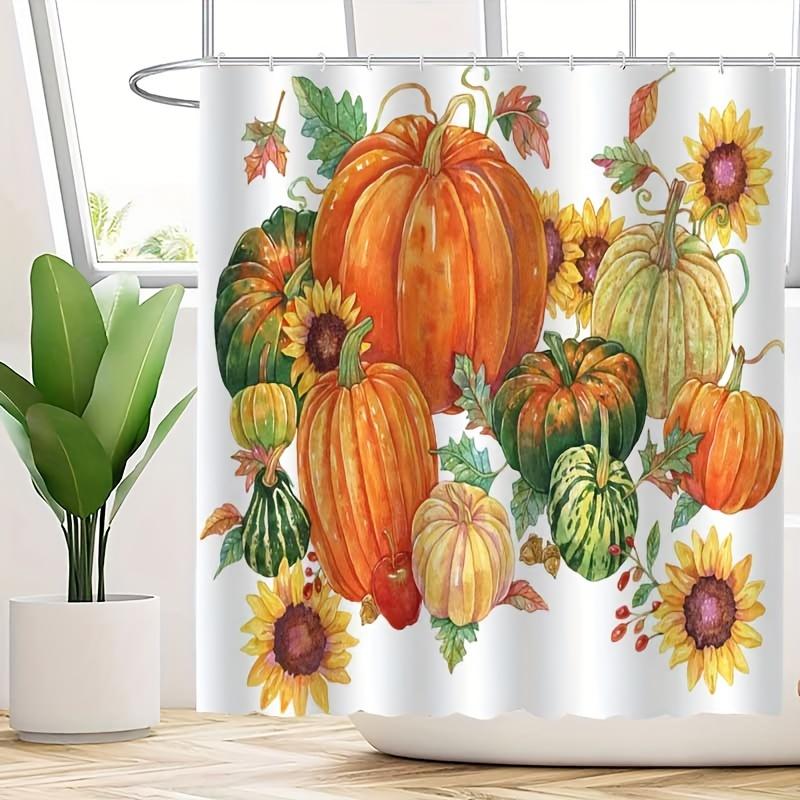Halloween Pumpkin Harvest Shower Curtain, Fog-Proof, Vibrant Pumpkin & Sunflower Design, Machine Washable, Hooks Included