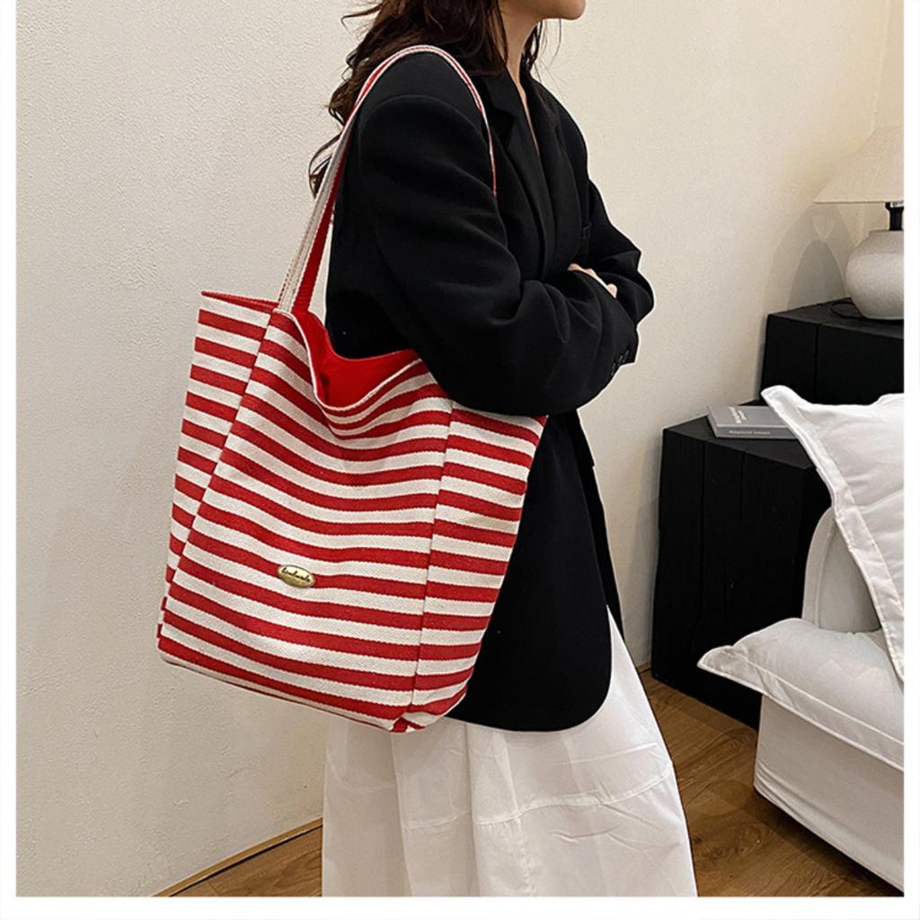 Striped Canvas Double-sided Usable Bag, Tote Bag, Casual Shoulder Bag, Large Capacity Shopping Bag