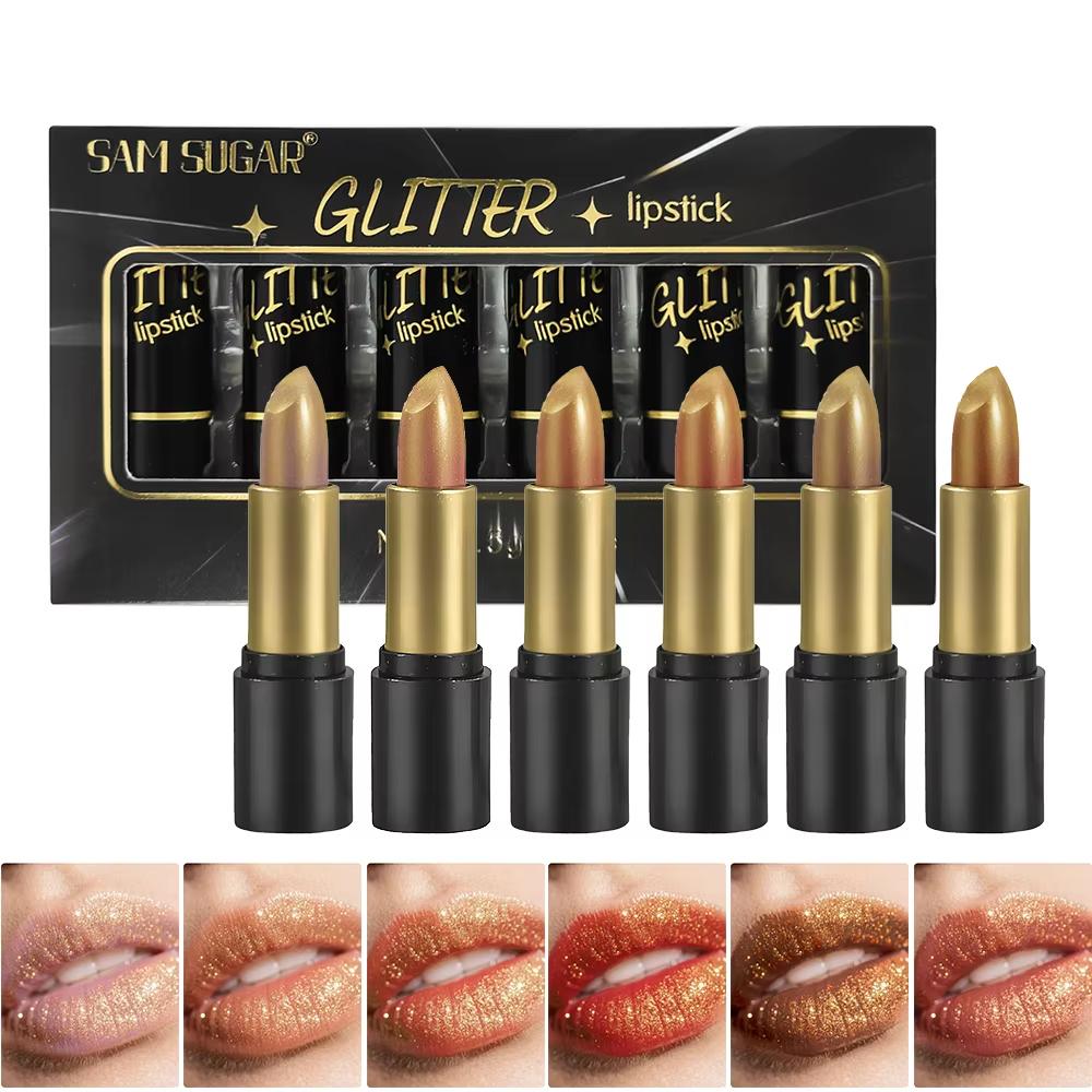 SAM SUGAR 6-color Metallic Lipstick Set Shimmering Diamond Lip Moisturizing Long-lasting Waterproof Non-stick Lipstick