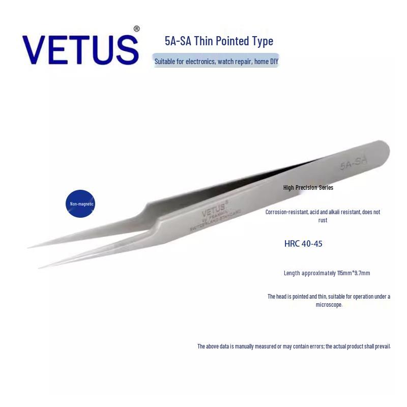 VETUS 5A-SA Precision Acid-Resistant Non-Magnetic Tweezers for Watchmaking and Electronics Repair
