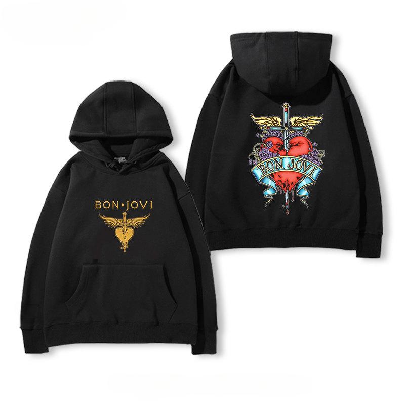 Bon Jovi Rock Band Hoodie Vintage Heart Dagger Print Pullover Sweatshirt Unisex Streetwear Hooded Tops for Men Rock Music Fans