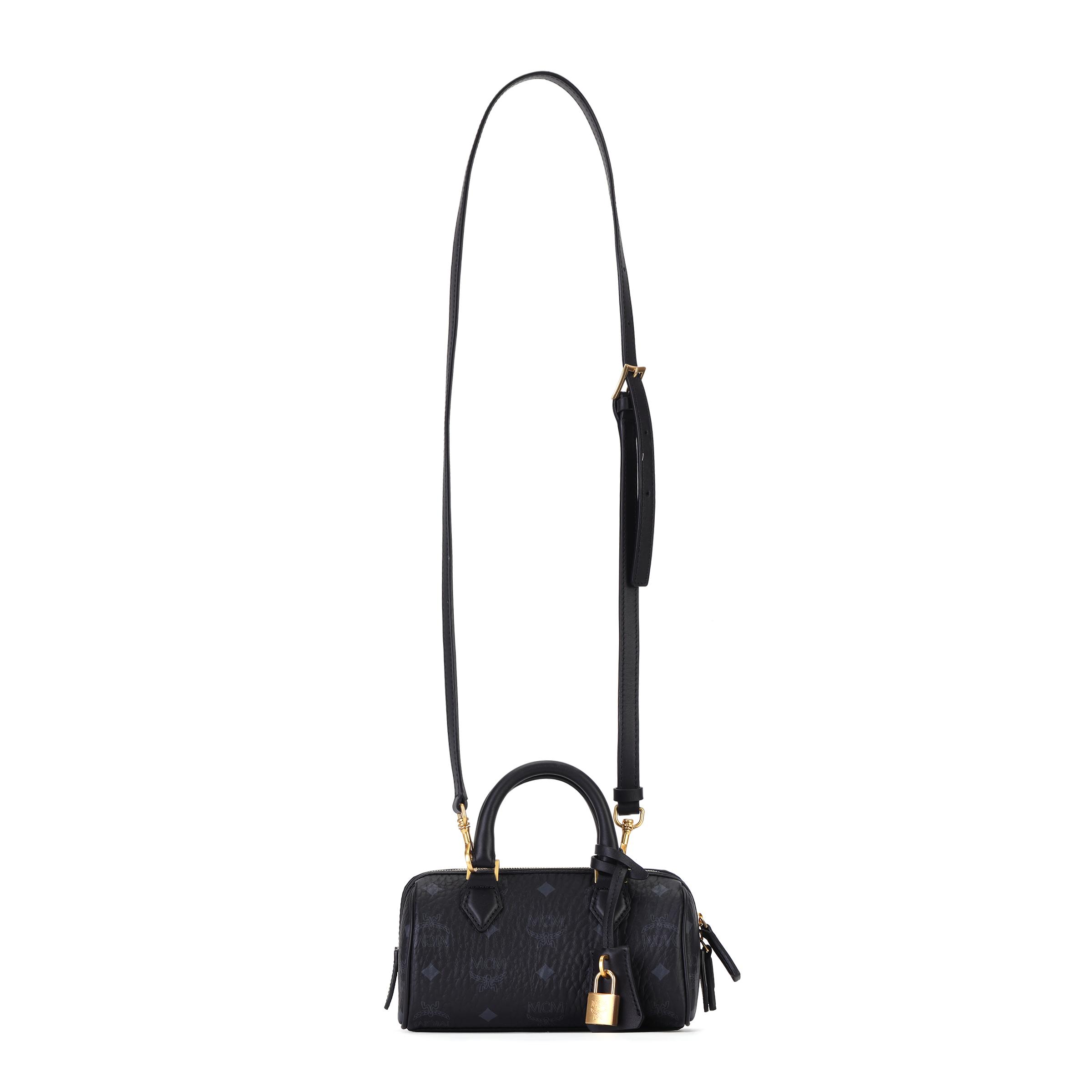 

MCM Visetos Leather Mini Boston Bag with Detachable Strap & Gold Hardware for Daily & Travel Use Basic Set (Bag+Dust Bag)