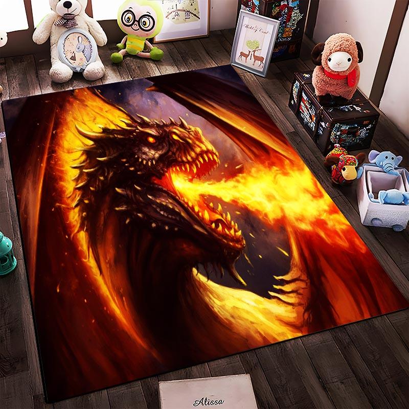 Fiery Dragon Fantasy Art Carpet with Fire Breath and Dark Wings Design1Warm Tones Suitable for Use As an Anti-slip1 For1room and Bedroom Sofas