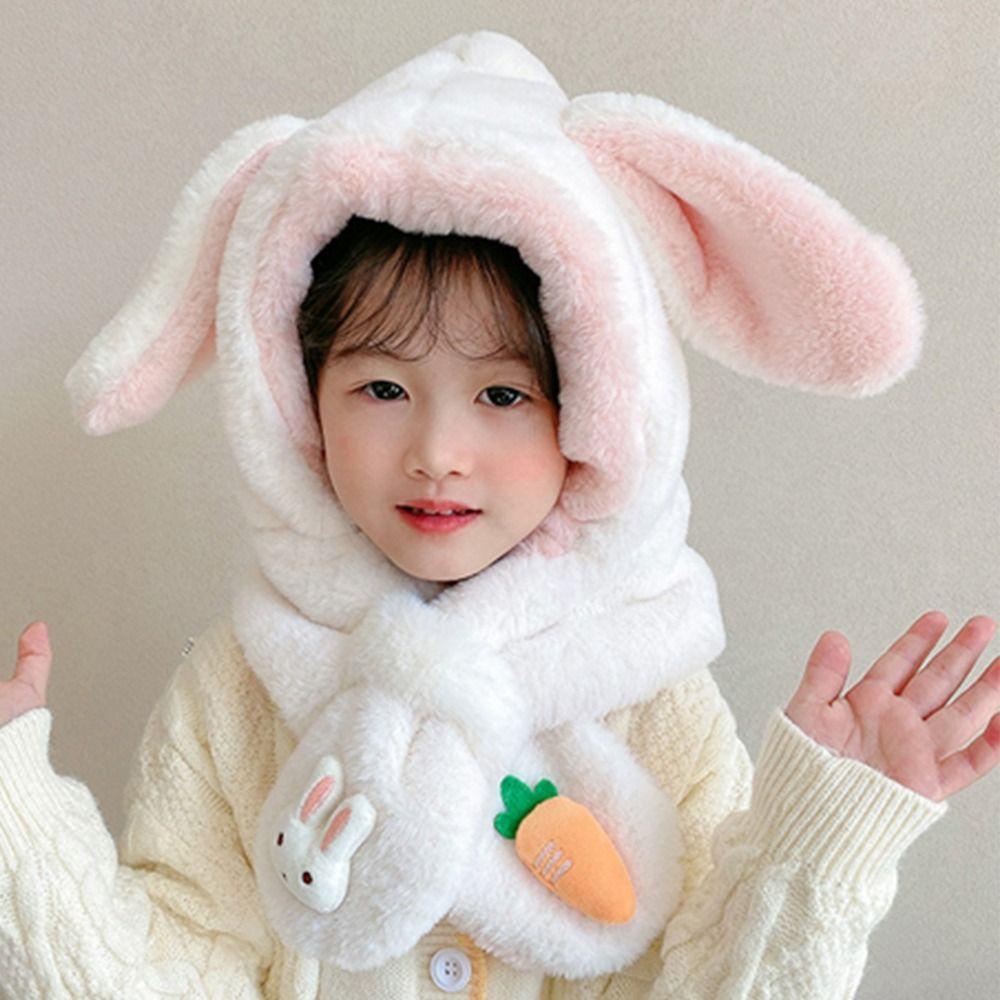 

Cold-proof Rabbit Ear Scarf Integrated Cap Two Piece Set Winter Cap Bomber Hat Baby Scarf Hat