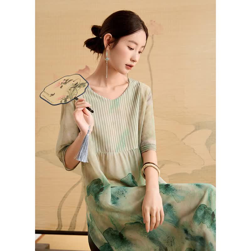 ORIGIN Women s Chinese Style Printed V-Neck A-Line Midi Dress 3XL