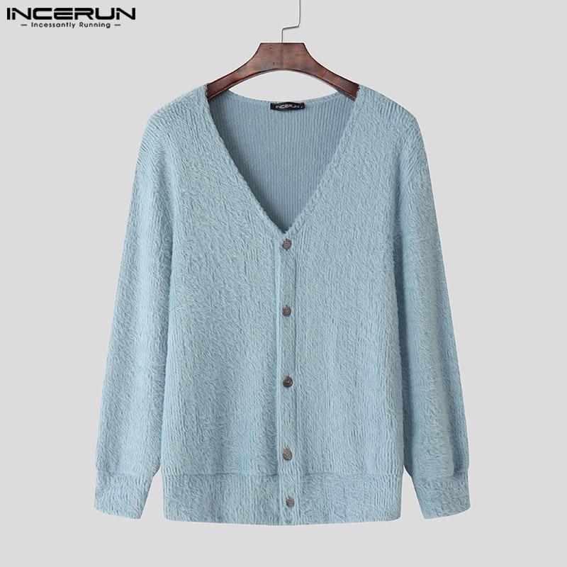 INCERUN Bărbați de primăvară cu decolteu în V cu mânecă lungă tricotată cu nasturi cardigan