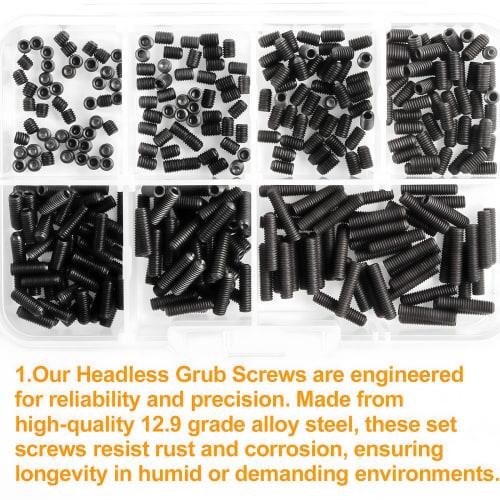 Zmbroll M3 Black Headless Grub Screws, 350pcs M3x3/4/5/6/8/10/12mm Set Screws, Allen Head Screws, Socket Head Cap Screws 12.9 Class Alloy Steel Fasten
