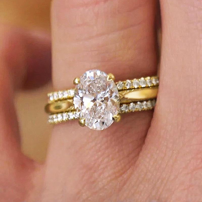 Cao Shi Luxury Four-Prong Oval Zirconia Wedding Ring Set - Three-Piece Design for Women