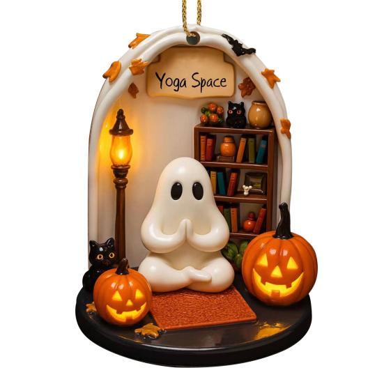 Halloween Ghost Ornament Acrylic Ghost-Themed Reading Cooking Painting Ornament Tree Hanging Decoration for Indoor Home Decor