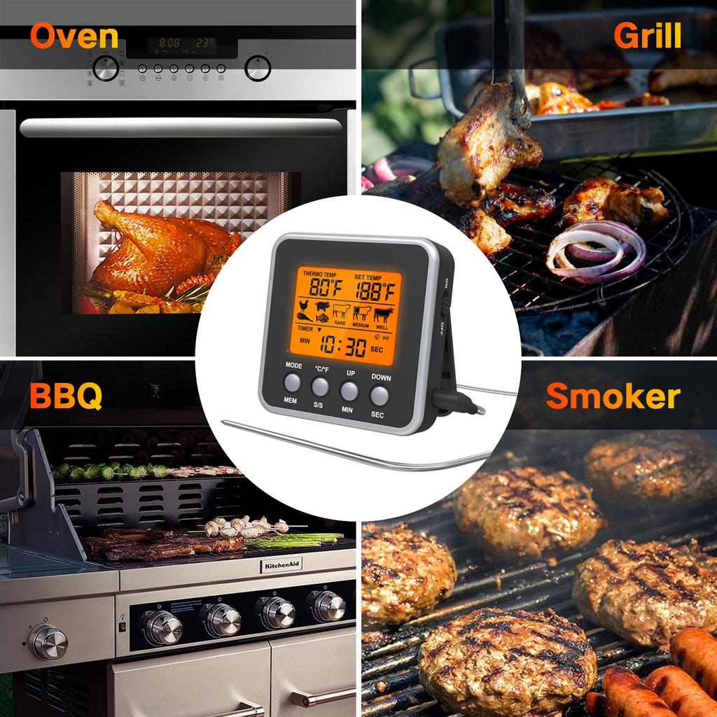 Digitales Fleischthermometer Smoker Süßigkeiten Lebensmittel BBQ Kochthermometer zum Grillen Ofen Frittieren mit Smart Kitchen Timer Modus