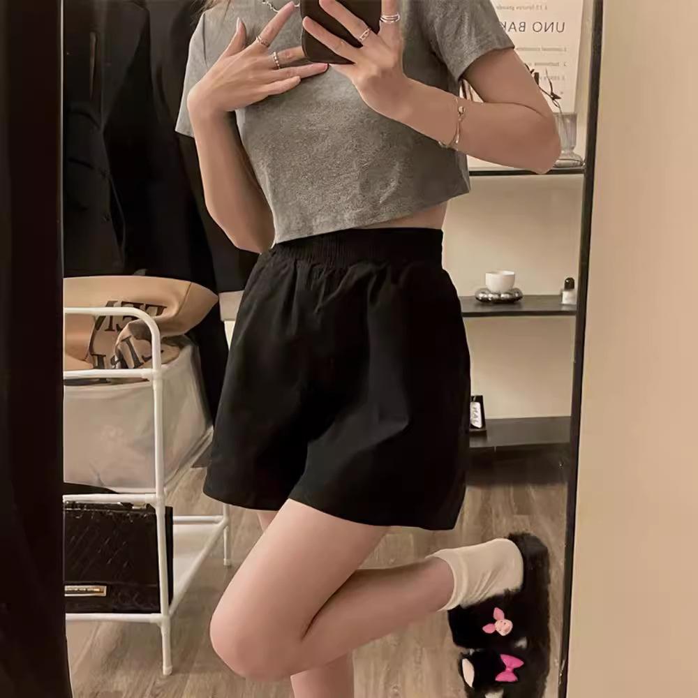 Design-sensual Elastic Waist Black Casual Pants Straight-leg Pants for Women In Summer Loose and Slim A-line Wide-leg Running