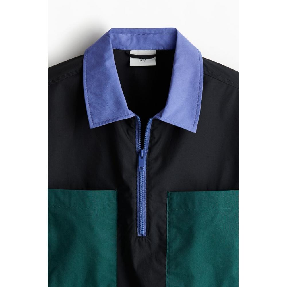 H M Loose Fit Zip Top sHirt Black Dark Turquoise