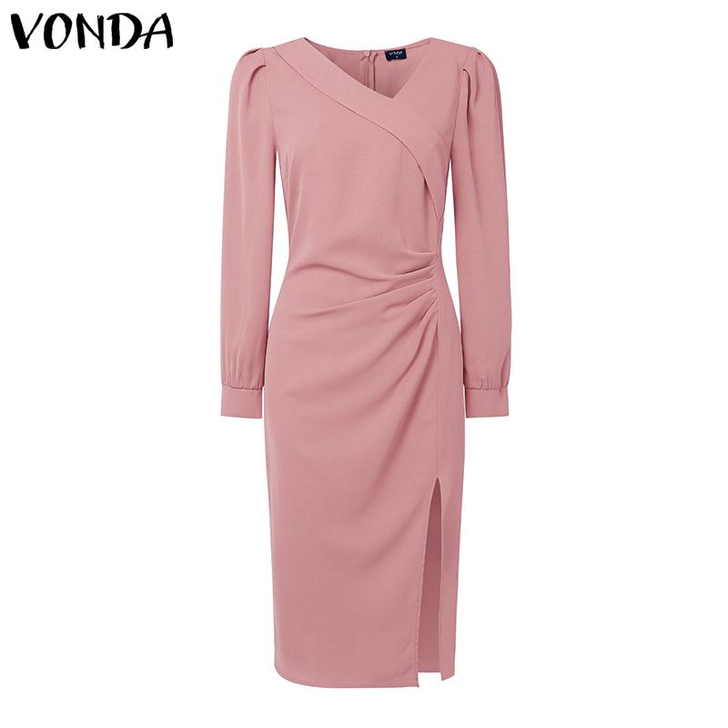

VONDA Элегантное женское повседневное миди-платье с длинным рукавом, боковыми складками и разрезами для офиса
