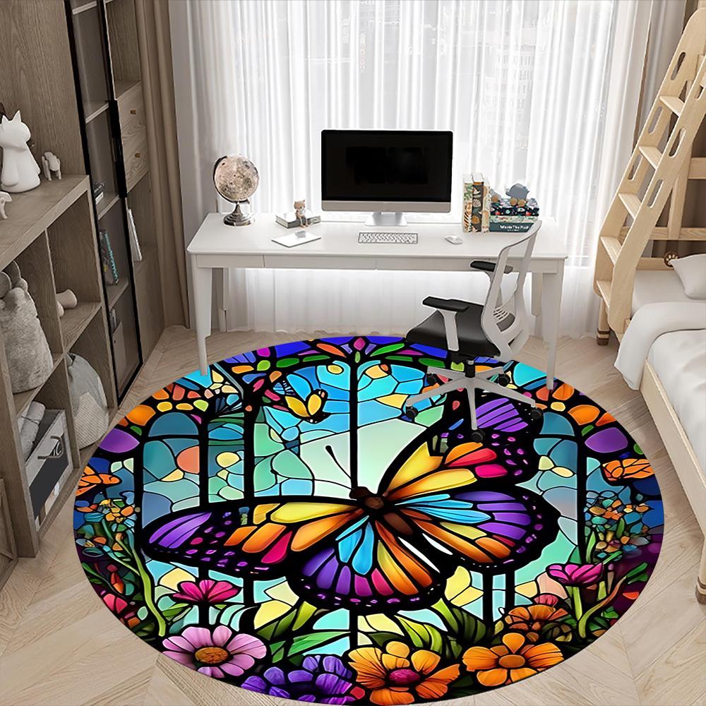1pc Butterfly Garden Office Round Area Rug, Indoor Mat Suitable ForOffice, Under Office Chairs Bedroom Living Room Home Decor, Room Deco  D076