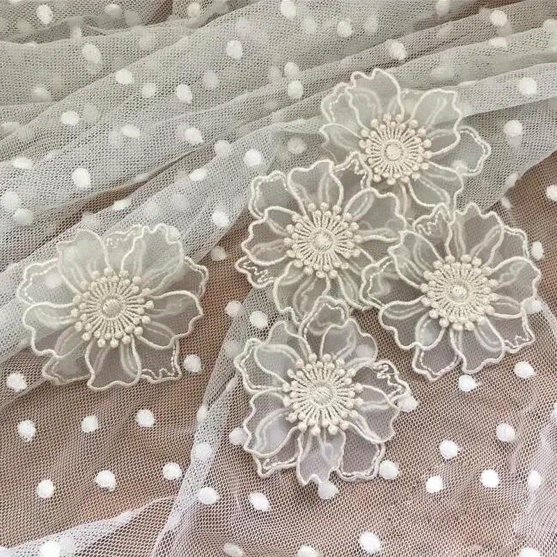 6Pcs Double Layer Lace Flower Applique Embroidered Patches Rpair For DIY Handmade Craft Wedding Dress Decoration 6.5CM Wide