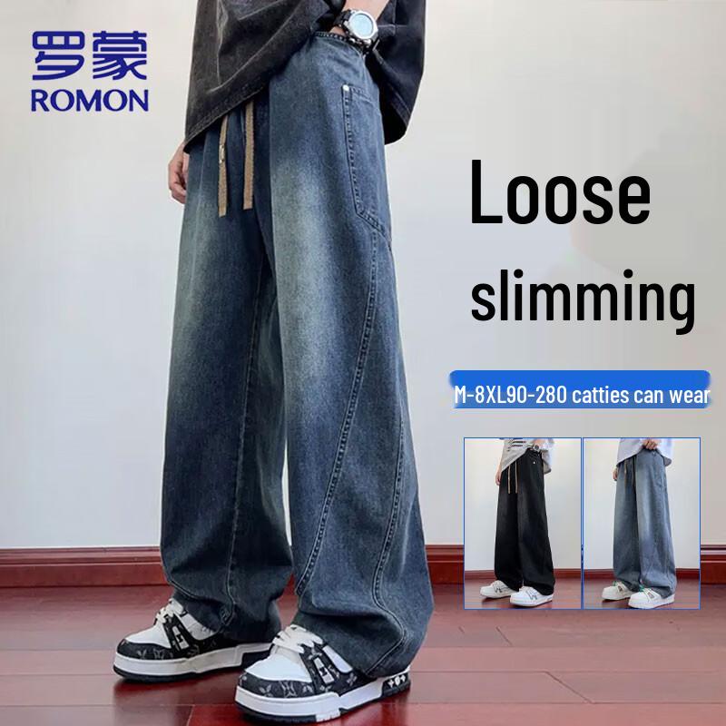 Romon Men s American Retro Loose Wide Leg Jeans XL