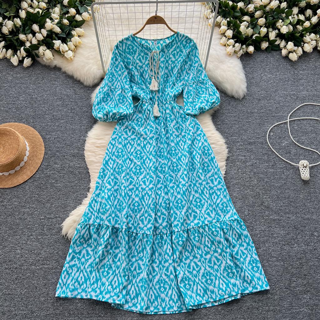 Elegancka Sukienka w Kwiaty Vintage dla Kobiet Letnie Sukienki Sznurowane w Talii Slim Y2k Bufiaste Rękawy Luźne Sukienki