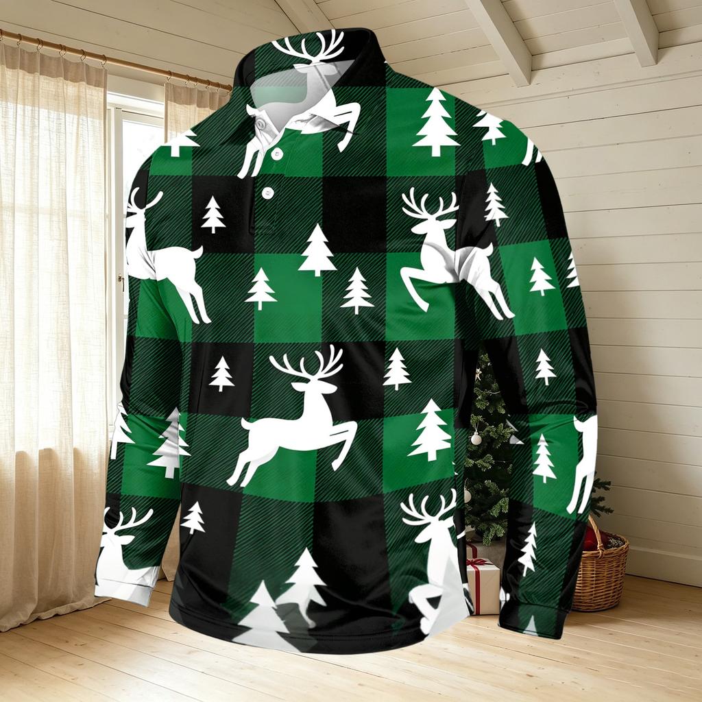 Men's Casual Long Sleeve Round Neck T-Shirt with Christmas Print for Holiday Party