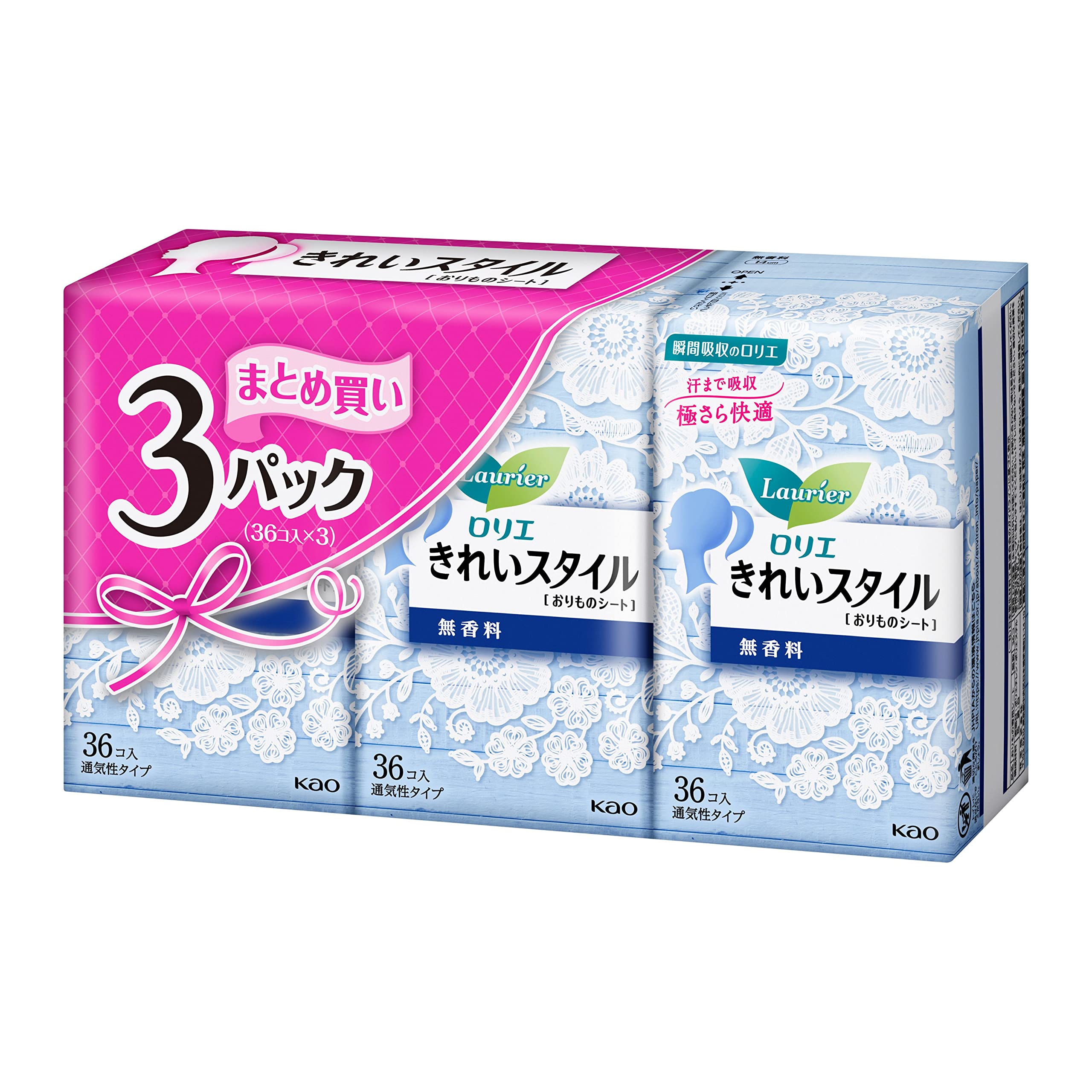 

Laurier Kirei Style Panty 36 Sheets x 3 Packs Liners, Unscented,