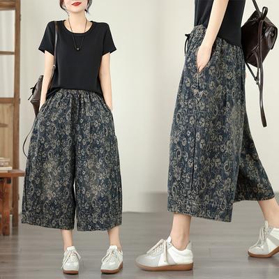 DIMANAF 2026 Sommer Neue Große Größen Damen Jeans Elastischer Bund Lange Hosen Print Floral Locker Lässig Denim Baumwolle Hosen