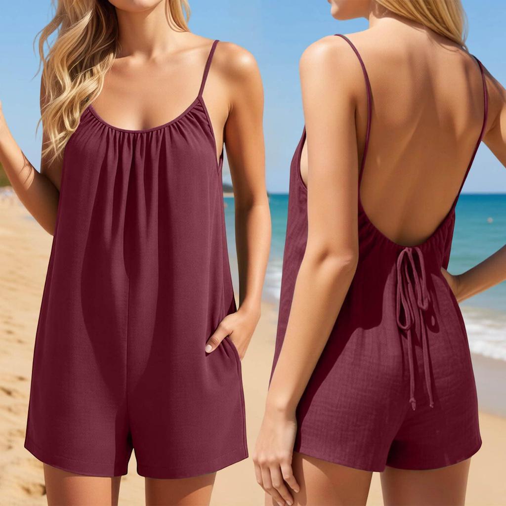 Summer 2026 Women's Linen Shorts Jumpsuit - One-Piece Romper for Beach Vacations