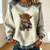 Highland Cow Plaid Scarf Print Waffle Crew Neck Top Women Raglan Sleeve Casual T Shirt Top