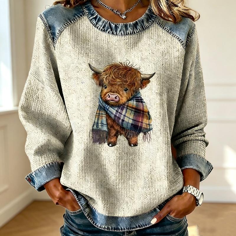 Highland Cow Plaid Scarf Print Waffle Crew Neck Top Women Raglan Sleeve Casual T Shirt Top
