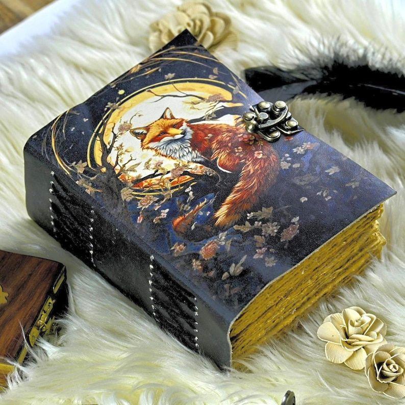 Fox Leather Journal: Handmade Grimoire, Blank Book of Shadows, Celestial Gifts