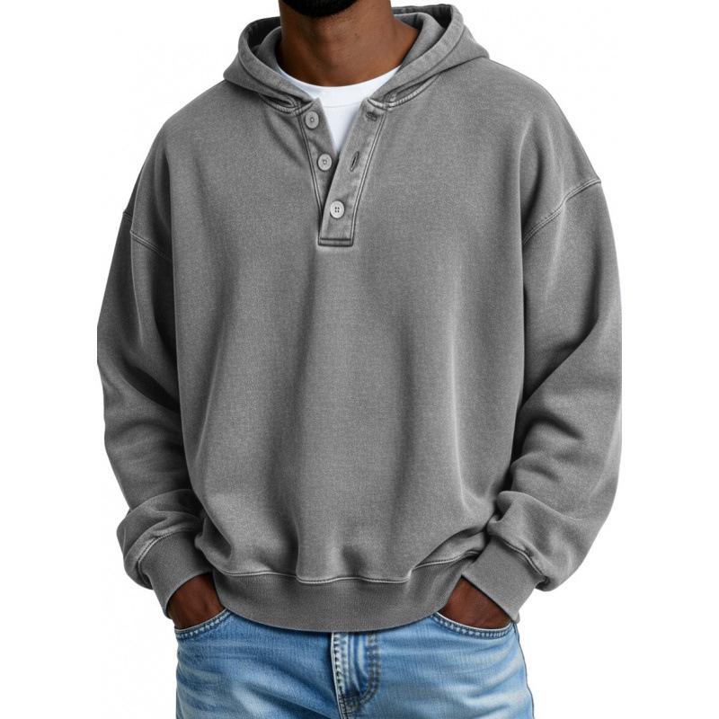 2025 European & American Men's Solid Color Hooded Sweatshirt - Three-Button, Loose Fit, Long Sleeve Jacket for Spring & Autumn