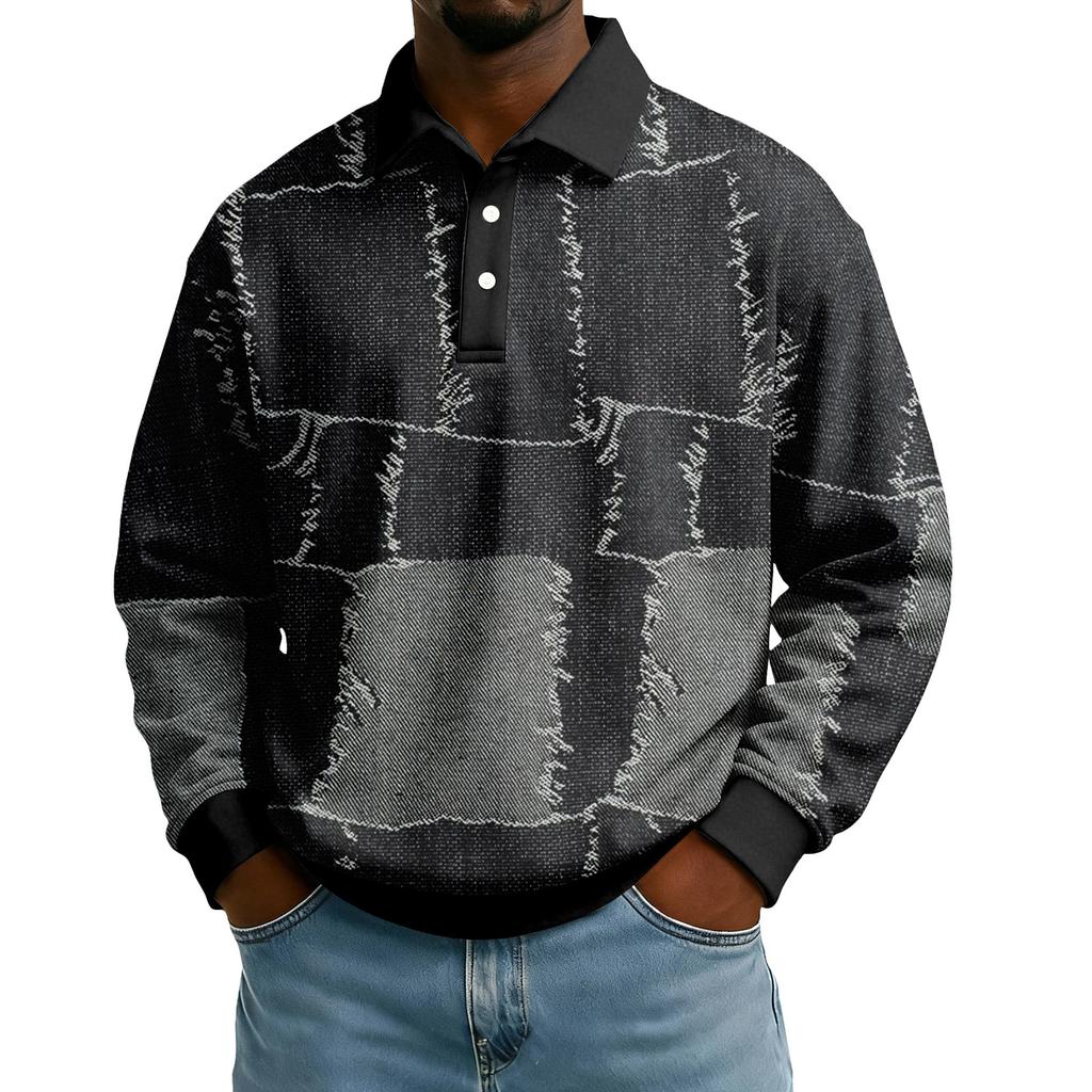 Men's Casual Loose Colorblock Print Lapel Button Long Sleeve Top