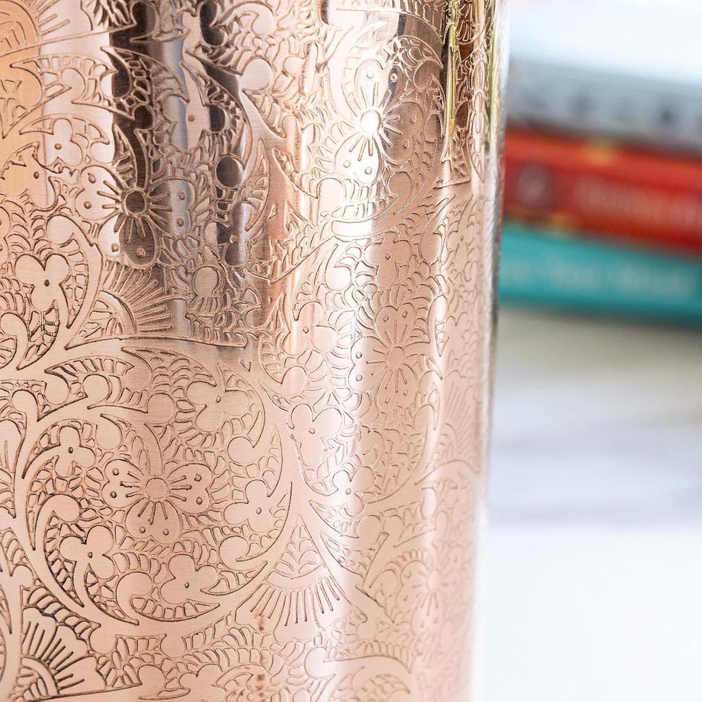 Full Embossed Design Copper Jug Pitcher with Brass Knob, Storage & Serving Water, Yoga Ayurveda Healing, Volume- 2000 ML
