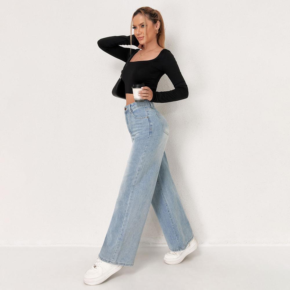 PUFFANPOP Women's Wide Leg Jeans Retro Wash High Waisted Denim Pants Loose Straight Jeans Y2K