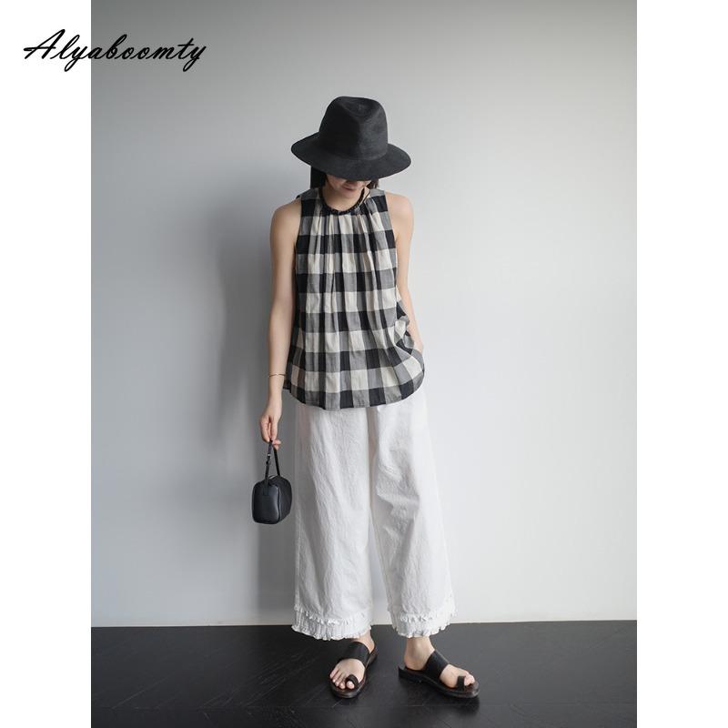 Korean Fashion Spring Summer Women Wide Leg Pants High Waist Black White Basic Cotton Capris Casual Loose Ruffles Trousers