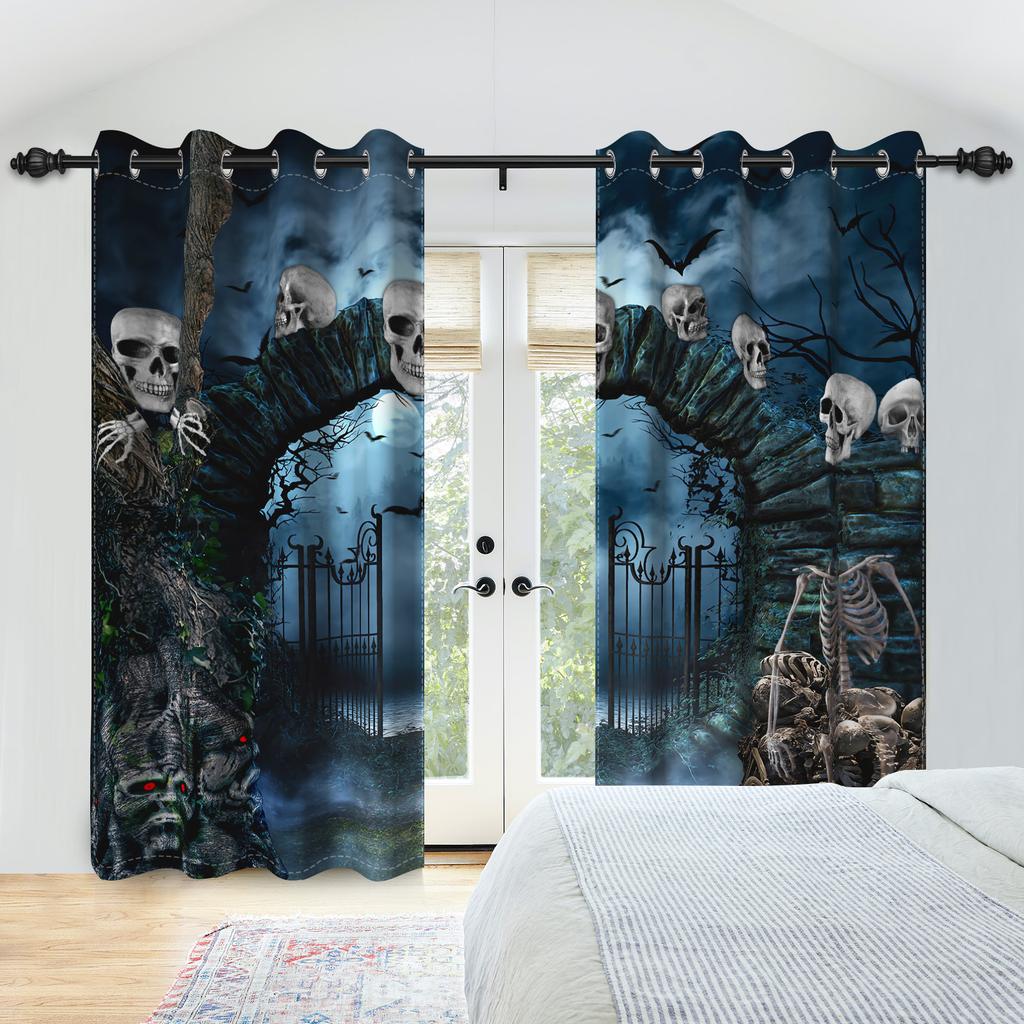 2pcs/set Horror Halloween Window Curtain Night Gate Skeleton Home Bedroom Living Room Decor Blackout Polyester Fabric Curtains