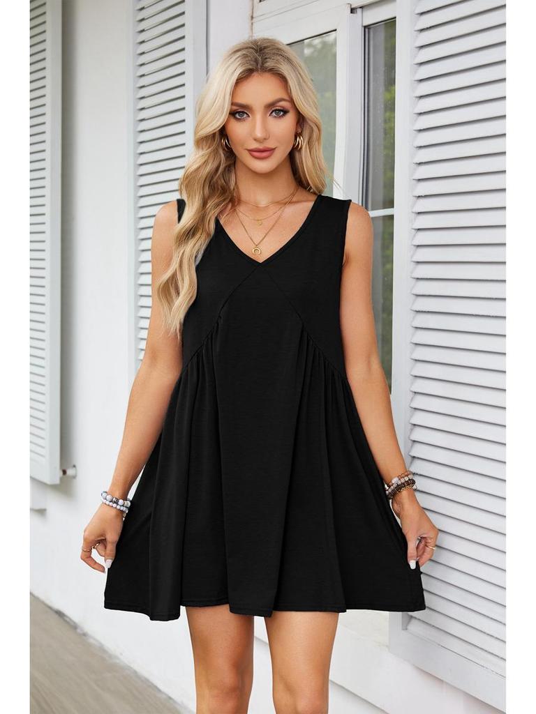 2025 European & American Women's V-Neck Sleeveless Pleated Pocket Dress - Spring/Summer Trend