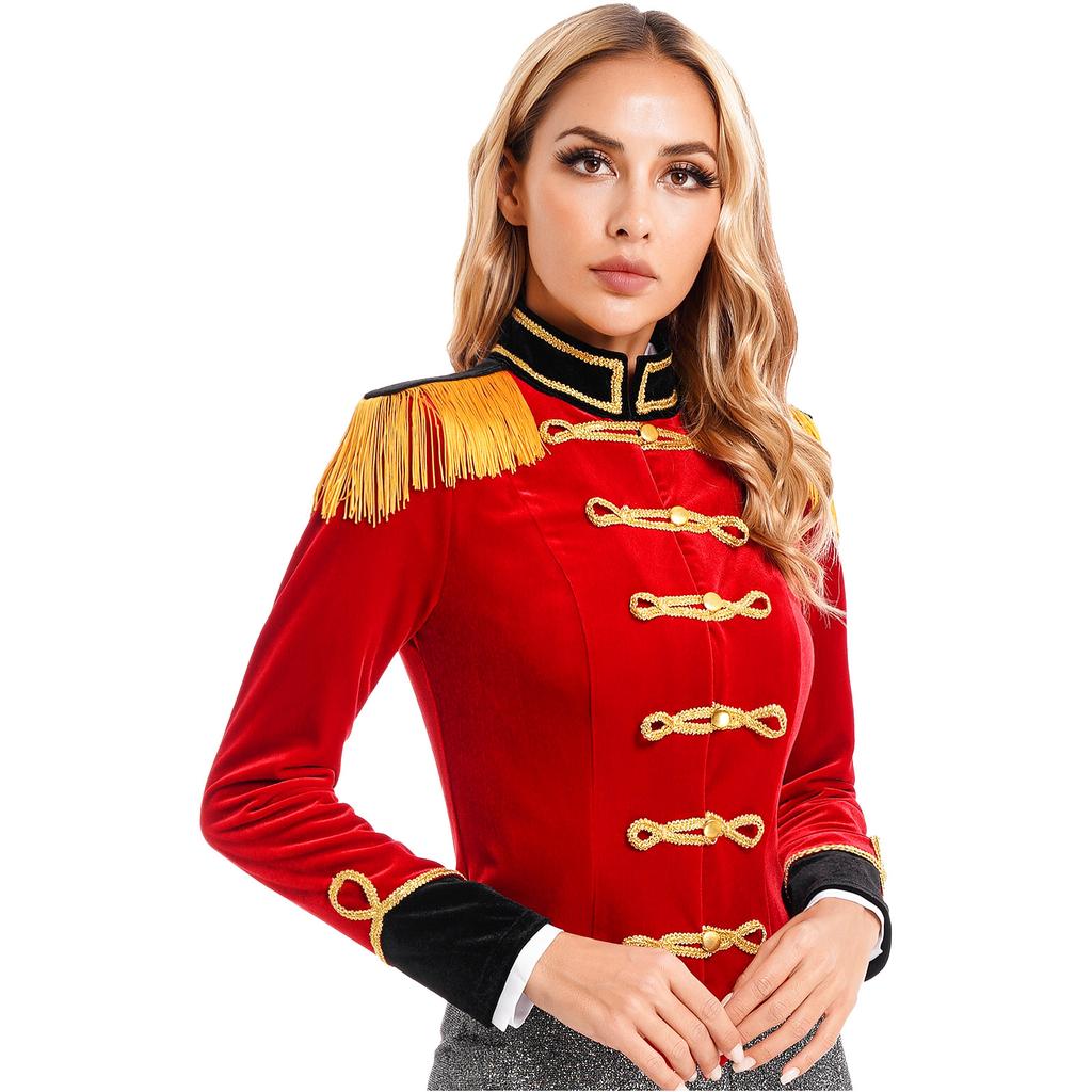 Costume da Domatrice da Circo da Donna Giacca di Velluto con Colletto Alto e Spalline Frangiate Halloween Cosplay Abito da Spettacolo