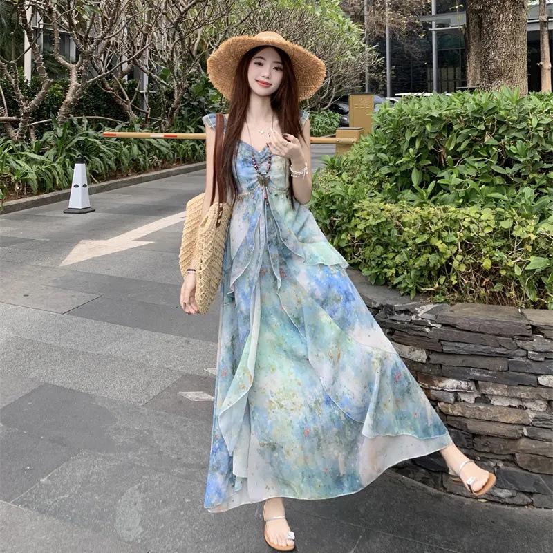 Seaside Resort Style Puff Sleeve Maxi Dress - 2026 Summer Waist-Cinched Fairy Skirt for Women S
