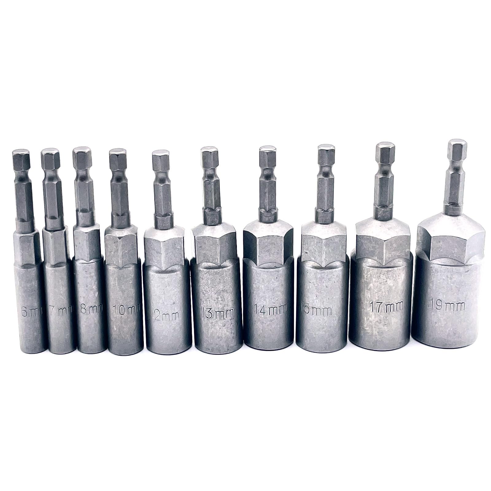 

LEXOR Набор из 10 ударных головок с глубоким зевом и адаптером для электрошуруповертов Makita HiKOKI, шестигранный хвостовик 6,35 мм, 6-19 мм, 80 мм