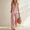 Women Casual Solid Color Button Sleeveless Vest Long Pants Vacation Two Piece Set