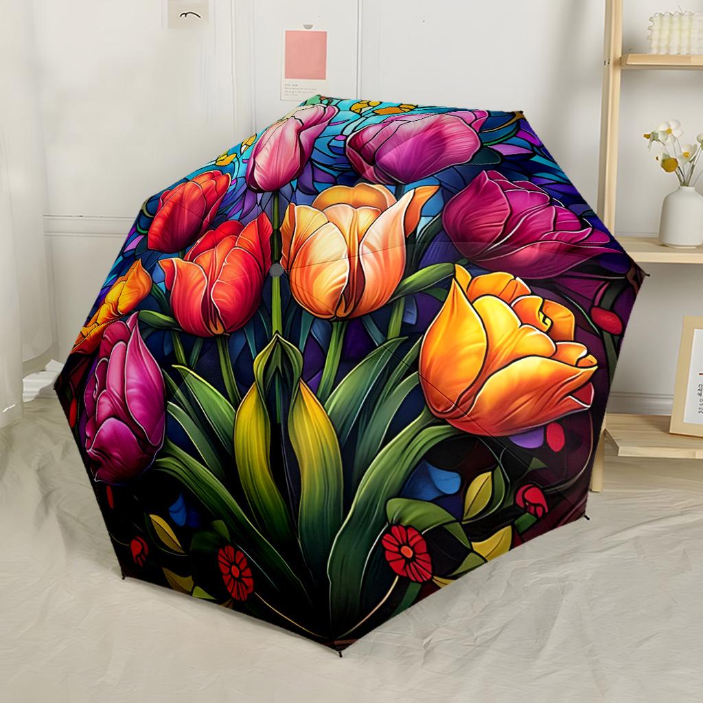 Stained Glass Carnivorous Plant Portable Automatic Umbrella Folding Umbrella with 8 Ribs Durable Plastic & Iron for Outdoor Daily Use